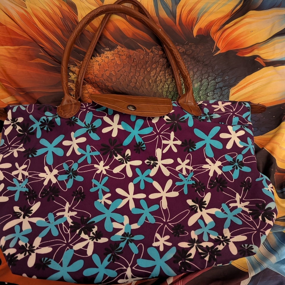 CREST DESIGN Floral Purple & Blue Tote Bag